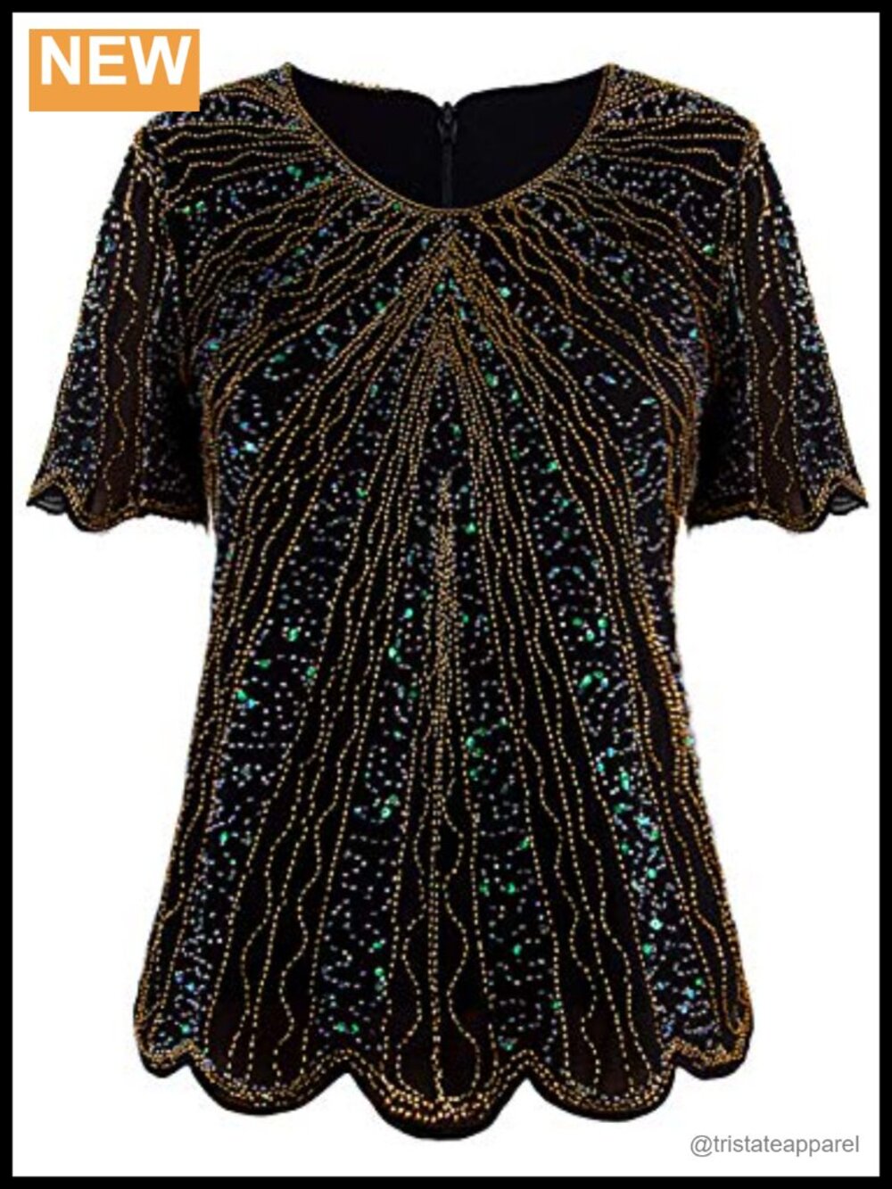 Vintage Sequin Beaded Chiffon Blouse Tunic - 1920s Art Deco Scalloped Hem